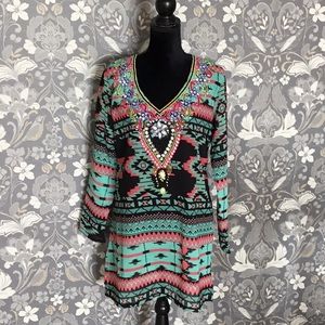 V-Neck Beaded Tunic Top Or Cover-Up Semi-Sheer Med